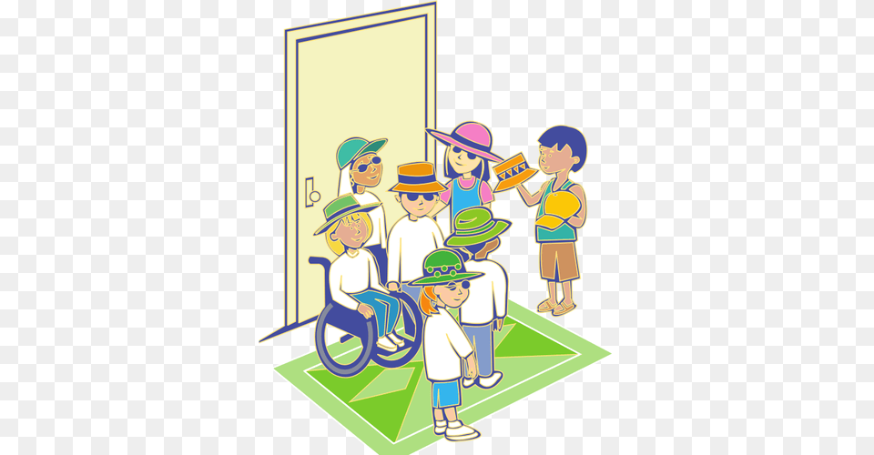 Group Of Kids With Hats In Front Of Door Vector Illustration, Baby, Person, Face, Head Png Image