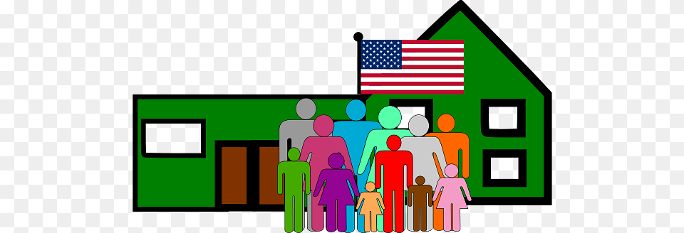 Group Of People In Front Of Usa Building, American Flag, Flag, Person, Scoreboard Png Image