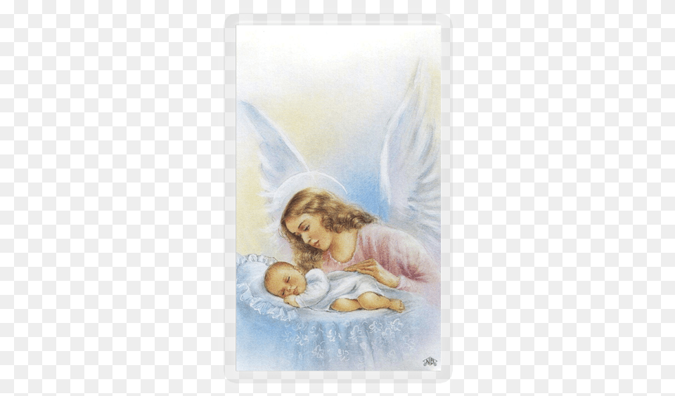 Guardian Angel Angel And Baby Prayer Card, Person, Crib, Furniture, Infant Bed Free Png Download