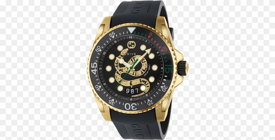 Gucci Dive Xl Black Yellow Snake Motif Gucci Watch Men, Arm, Body Part, Person, Wristwatch Png Image