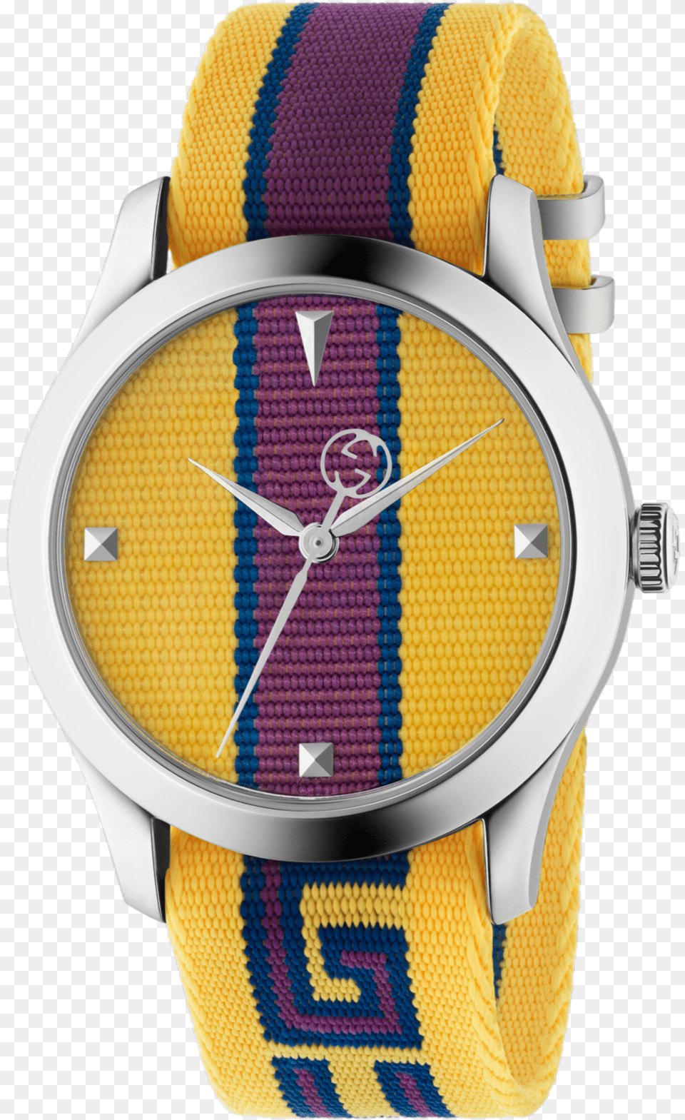 Gucci G Timeless Yellow And Purple Nato Strap Watch Gucci, Arm, Body Part, Person, Wristwatch Free Png