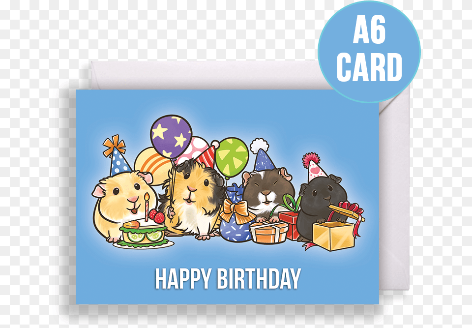 Guinea Pig Party Birthday Card Blue Background Guinea Pig Happy Birthday, People, Person, Envelope, Greeting Card Free Transparent Png