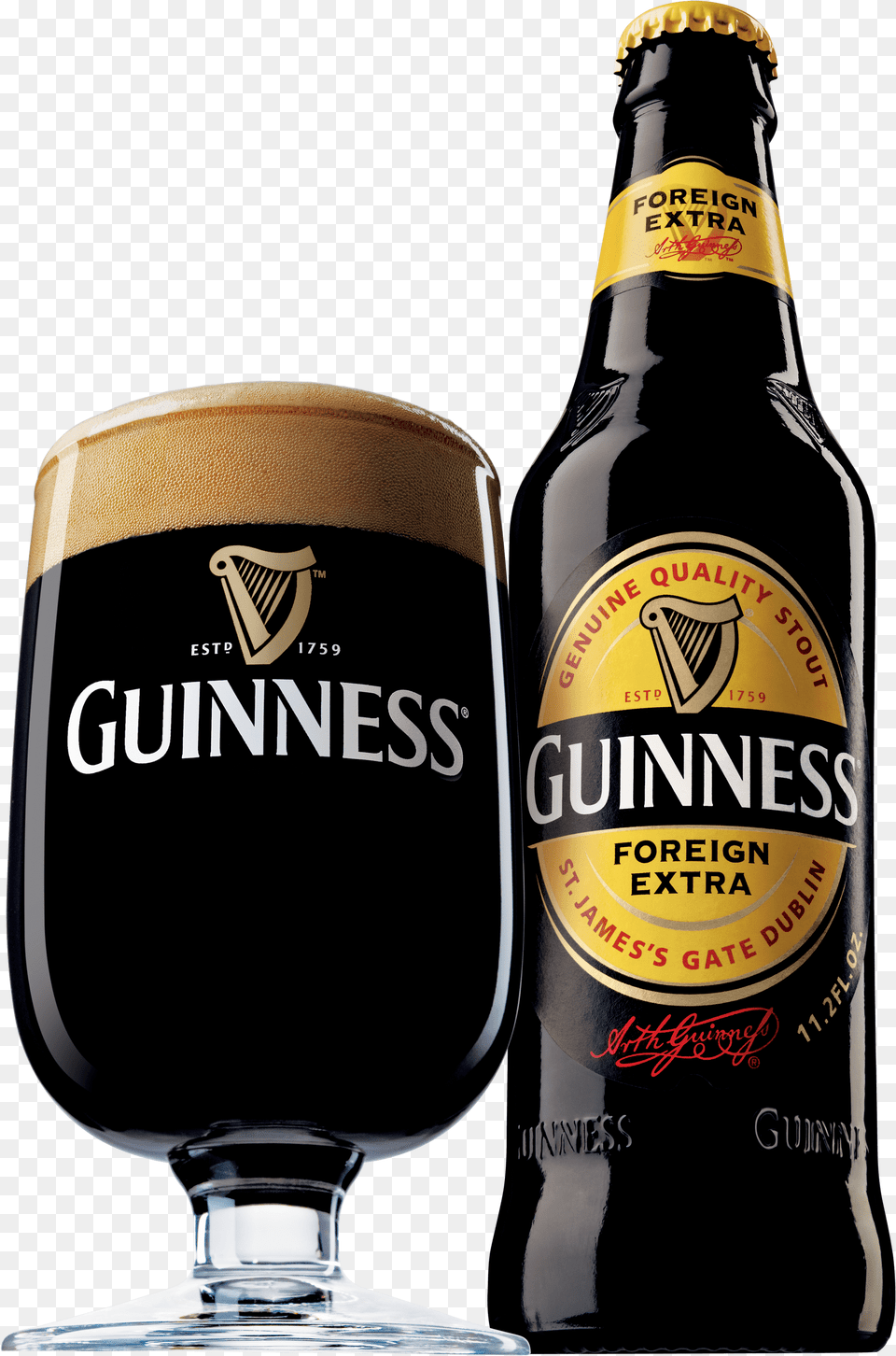 Guinness Foreign Extra Bottle And Glass Birra Guinness Extra Stout, Alcohol, Beer, Beverage Png