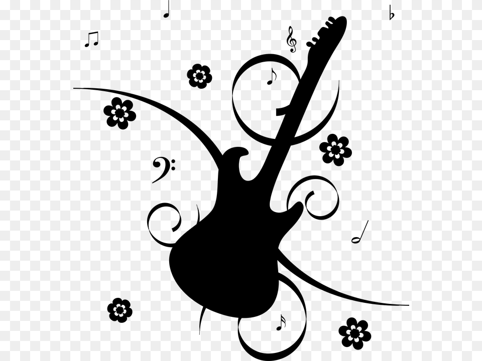 Guitar With Music Notes, Gray Png Image