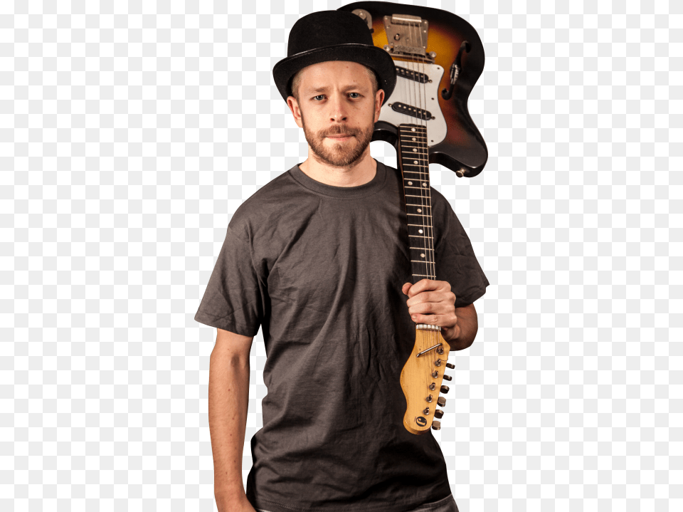 Guitarist Stand And Holds A Guitar Image Man With Guitar, Musical Instrument, Adult, Male, Person Png