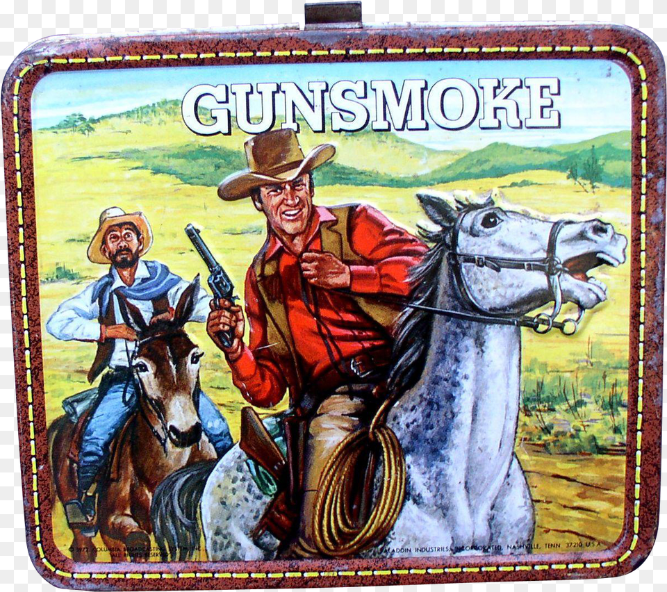 Gunsmoke Tv Show 1972 Metal Lunchbox Vintage Lunch Boxes Vintage Gunsmoke Lunch Box, Adult, Person, Man, Male Png