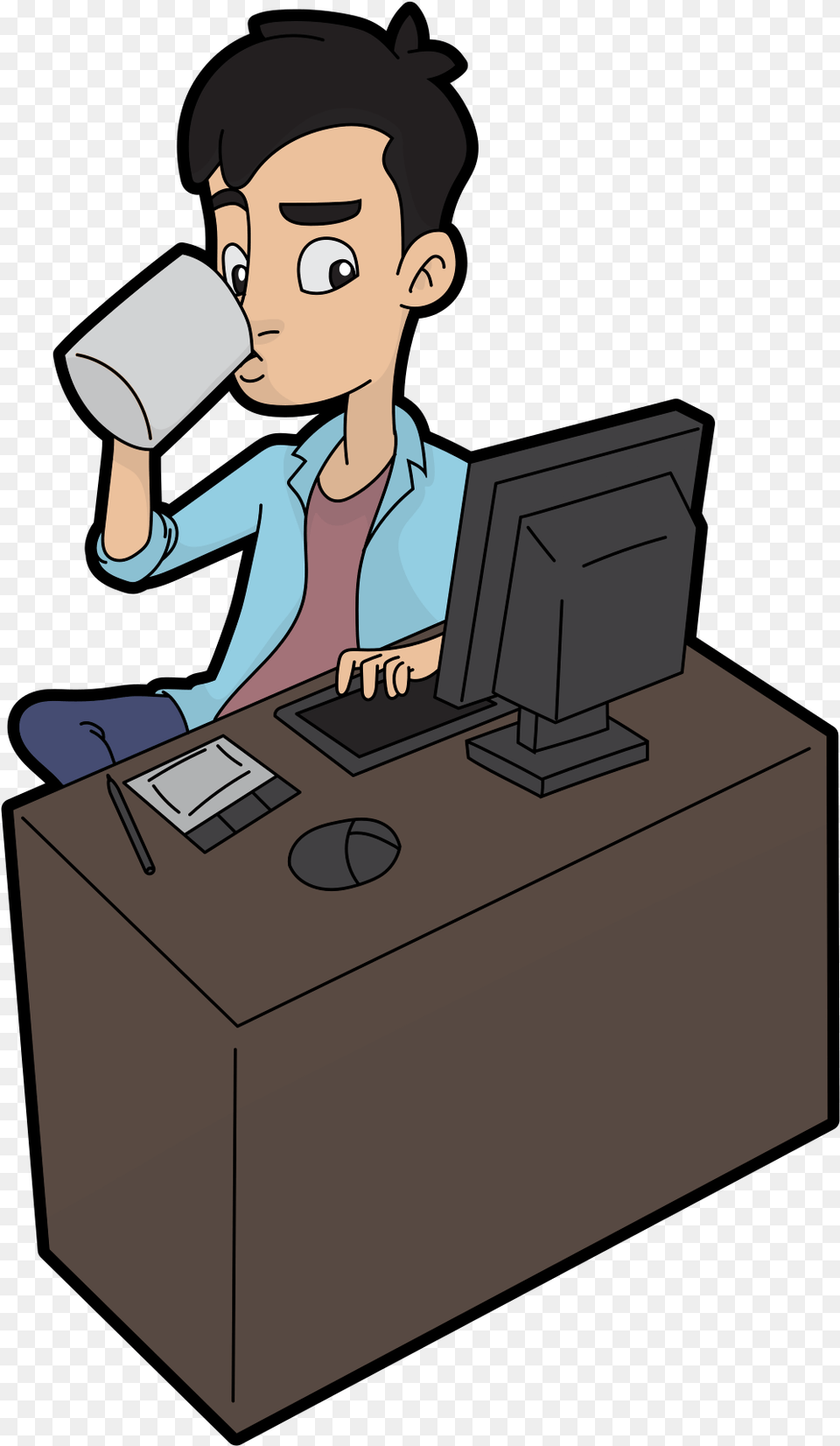 Guy On Computer Cartoon, Table, Furniture, Person, Electronics Free Transparent Png