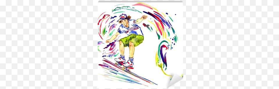 Guy On Skateboard Colorful Palette Splashes Background Watercolor Painting, Art, Nature, Outdoors, Person Png