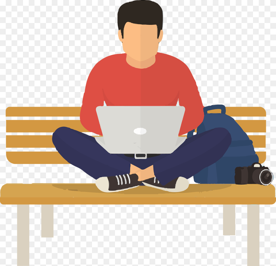 Guy With Laptop Cartoon Using Laptop, Bench, Person, Pc, Furniture Png Image