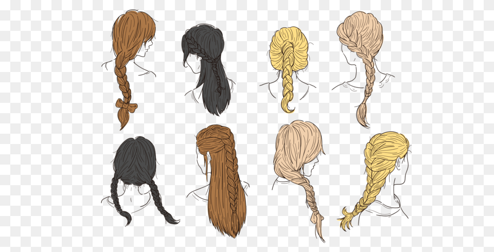 Hair Plaits And Braids Vectors Hair Braid Styles Vector Braid Long Hairstyle Drawing, Adult, Female, Person, Woman Free Png