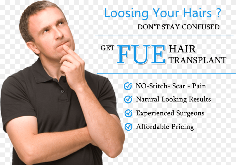 Hair Transplant Banner Man Thinking Transparent Background, Adult, Person, Male, T-shirt Png