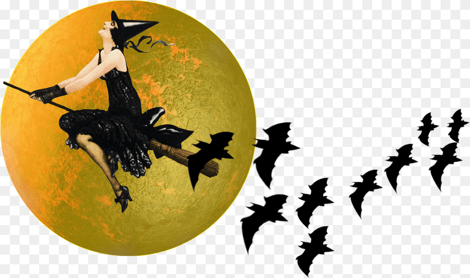 Halloween Borders And Frames Vintage Witch Broom Moon Silhouette, Adult, Female, Person, Woman Free Png Download