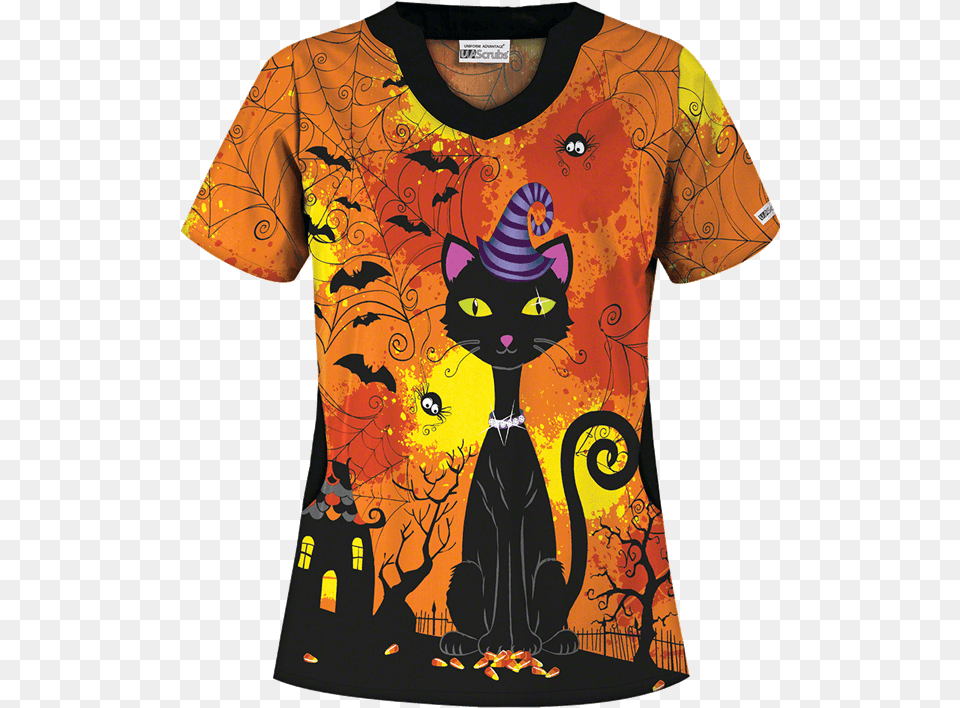 Halloween Cat Scrub Top, T-shirt, Shirt, Clothing, Person Png Image