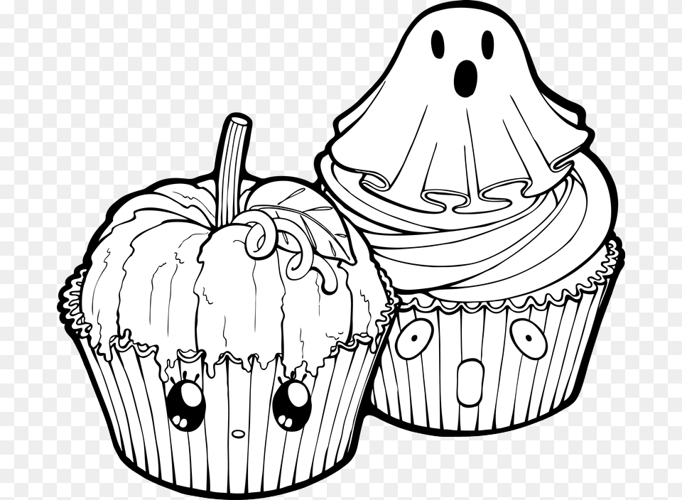 Halloween Cupcake Drawing Cartoons Halloween Food Clip Art Black And White, Cake, Cream, Dessert, Icing Free Png Download