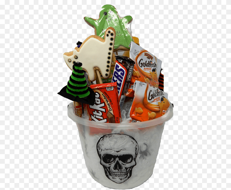 Halloween Gift Basket With Skeleton Skull Paint In, Sweets, Food, Cream, Dessert Free Png