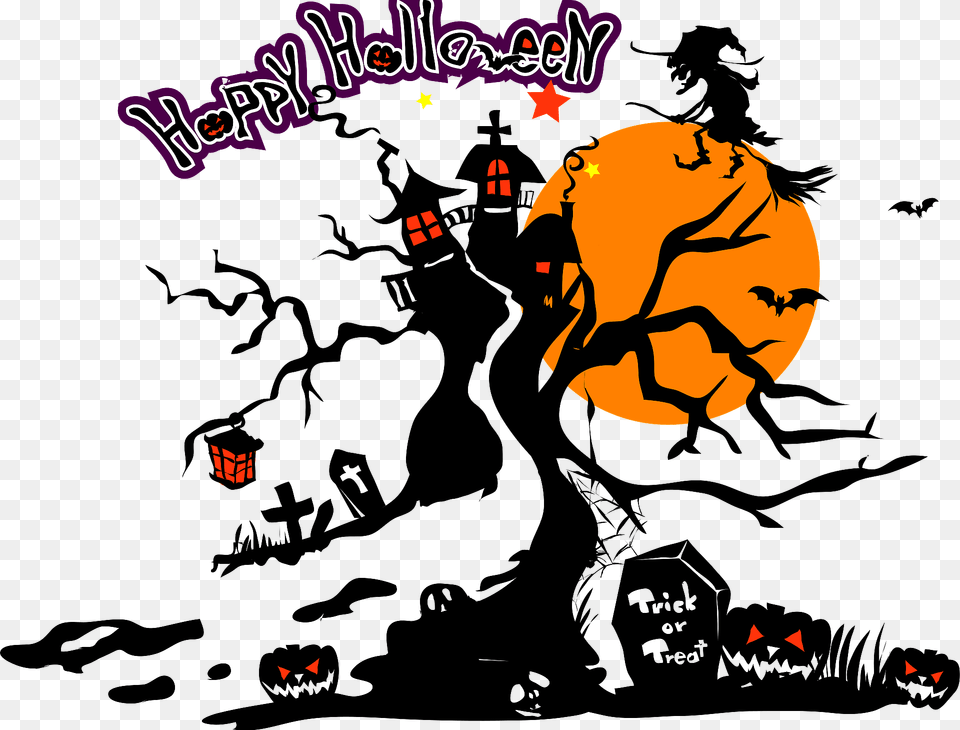 Halloween Scene Moon Trees Witch Message Clipart, Festival, Animal, Bird Free Transparent Png