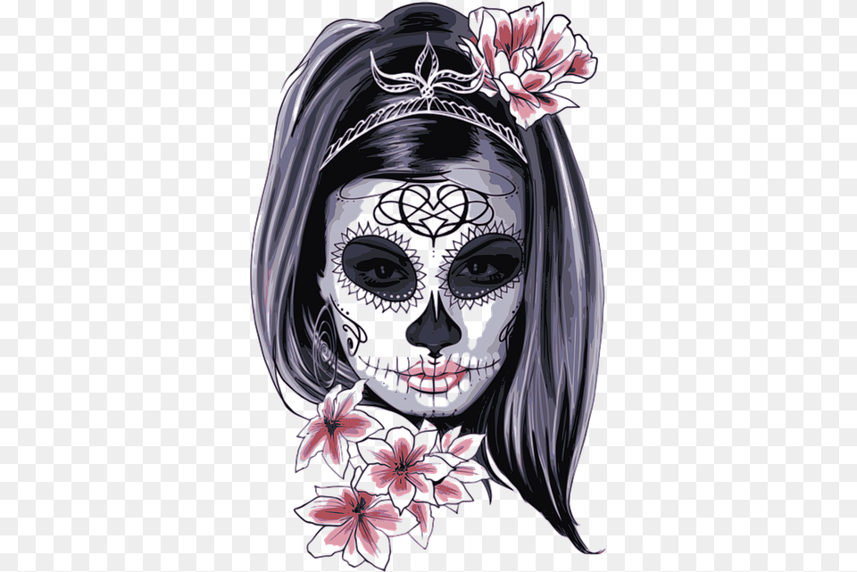 Halloween Skull Skeleton Face Stickers Flower Mask Fteh Catrina De La Muerte, Adult, Bride, Female, Head Png