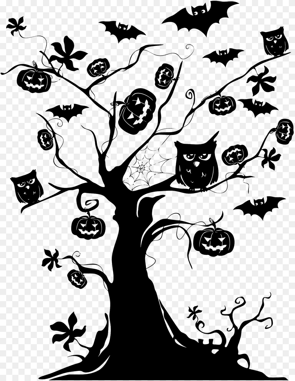 Halloween Tree With Bats Owls And Pumpkins Silhouette, Graphics, Art, Pattern, Floral Design Free Png Download