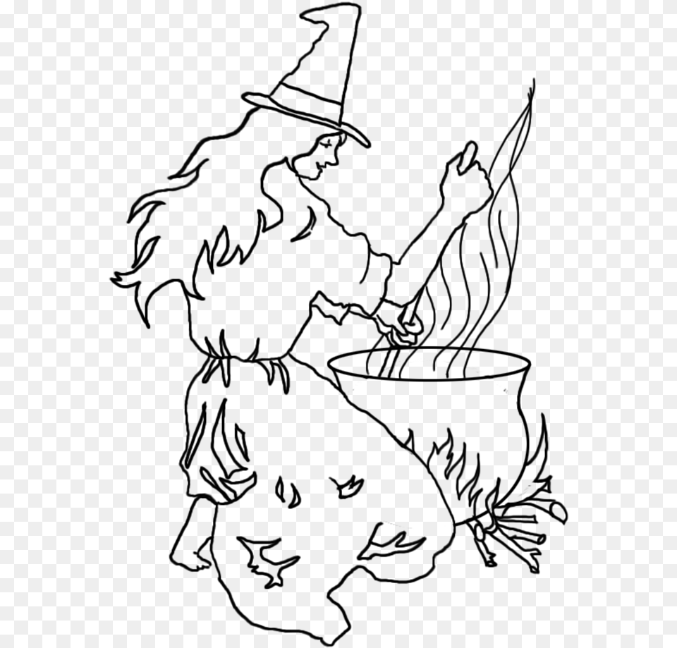 Halloween Witch With Cauldron Coloring Book, Gray Png
