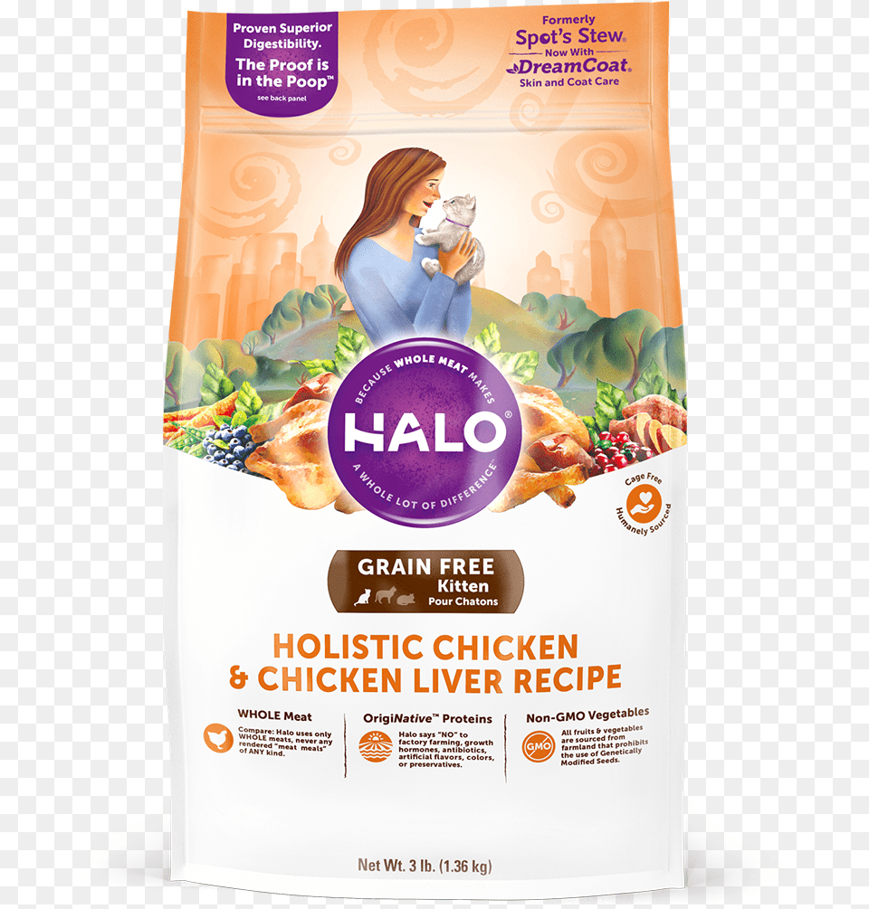 Halo Holistic Grain Chicken And Chicken Liver Halo Indoor Cat Food, Adult, Advertisement, Female, Person Free Png