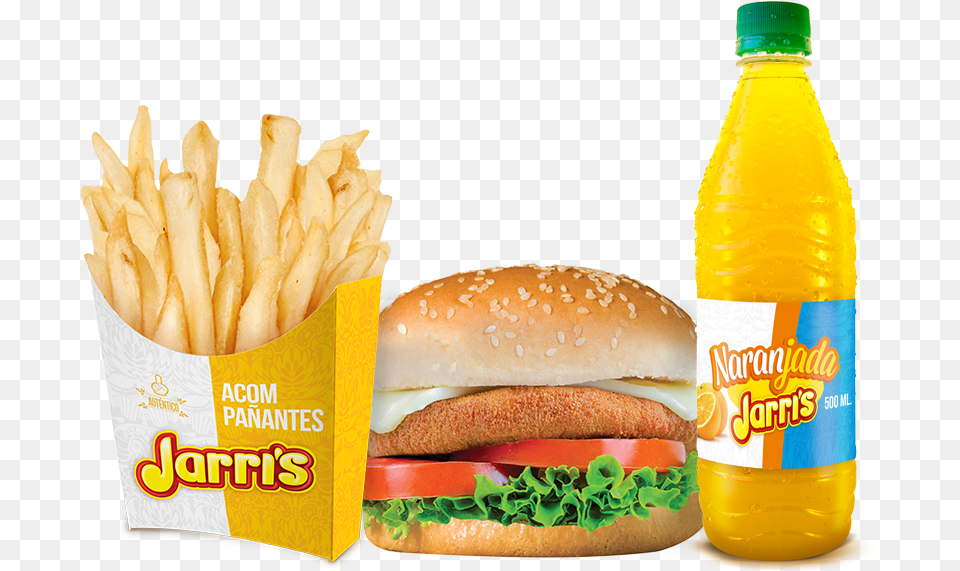 Hamburguesa De Pollo Papas A La Francesa Bebida Jarris Hamburguesa Con Pollo Broaster, Burger, Food, Fries, Beverage Png Image