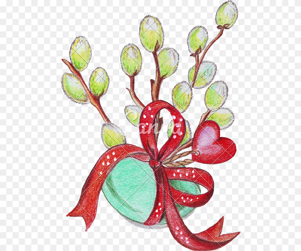 Hand Drawing Of Painted Eggs And Pussy Willow, Bud, Flower, Plant, Sprout Free Png Download