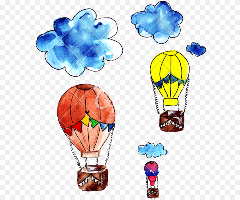 Hand Drawing Of Watercolor Clouds And Flying Balloons Hot Air Balloon, Aircraft, Hot Air Balloon, Transportation, Vehicle Free Transparent Png