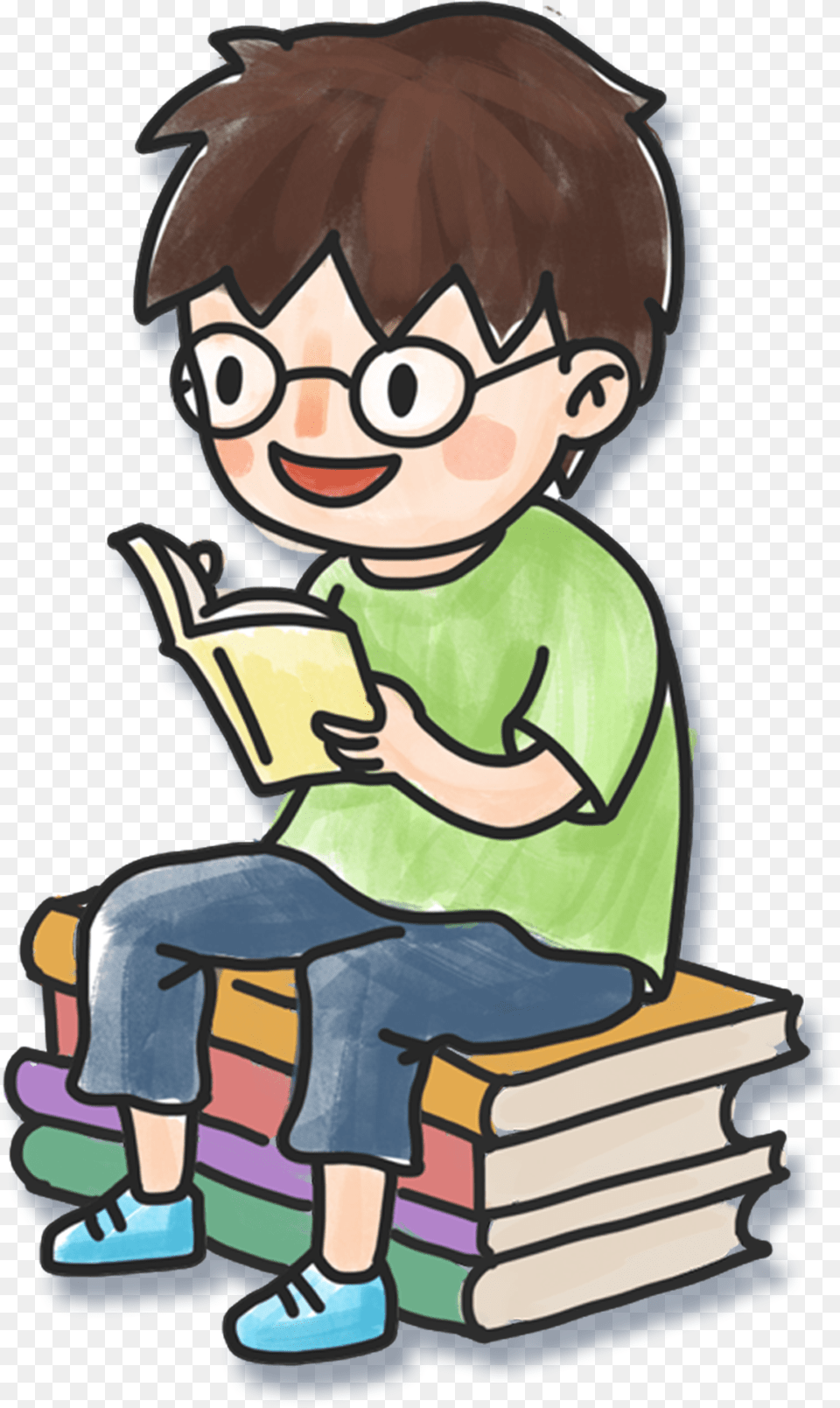 Hand Drawn Cartoon Boy Reading Book Decoration Boy Reading A Book Cartoon, Person, Publication, Baby, Face Png Image