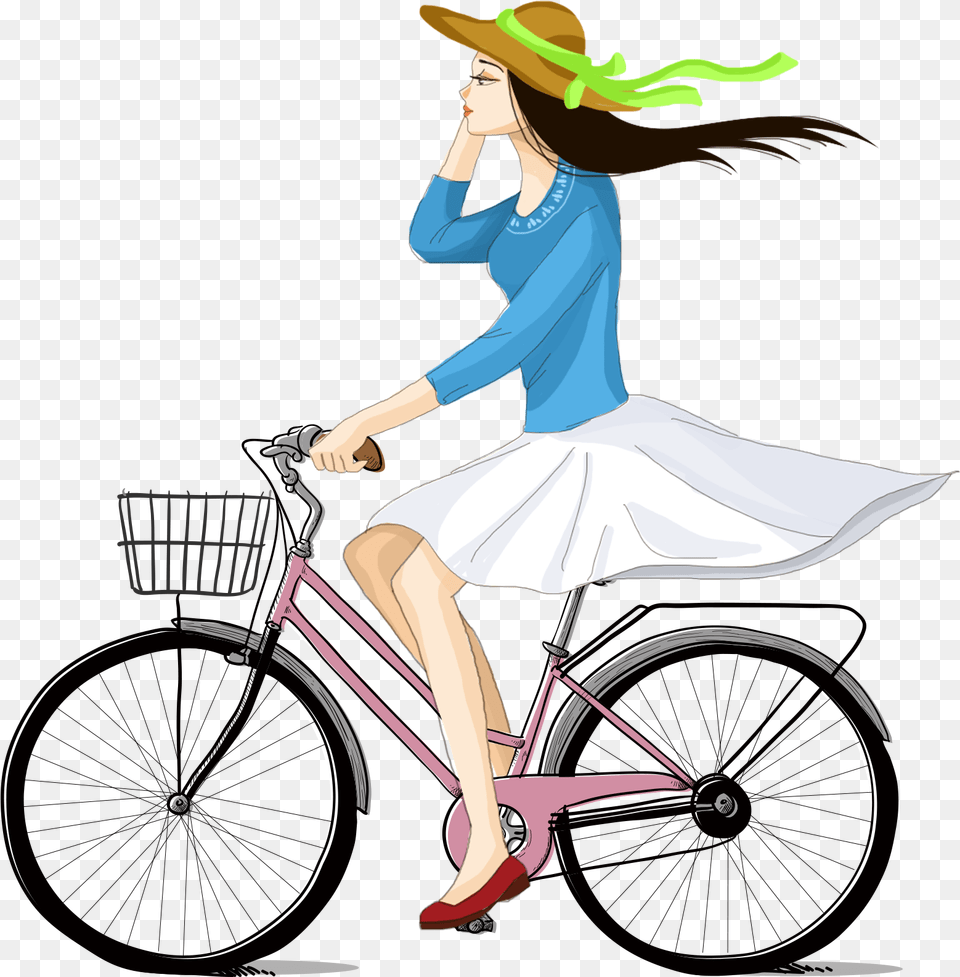 Hand Drawn Cartoon Girl Cycling Decoration Vector Vector Girl On Bicycle, Adult, Wheel, Person, Machine Free Png