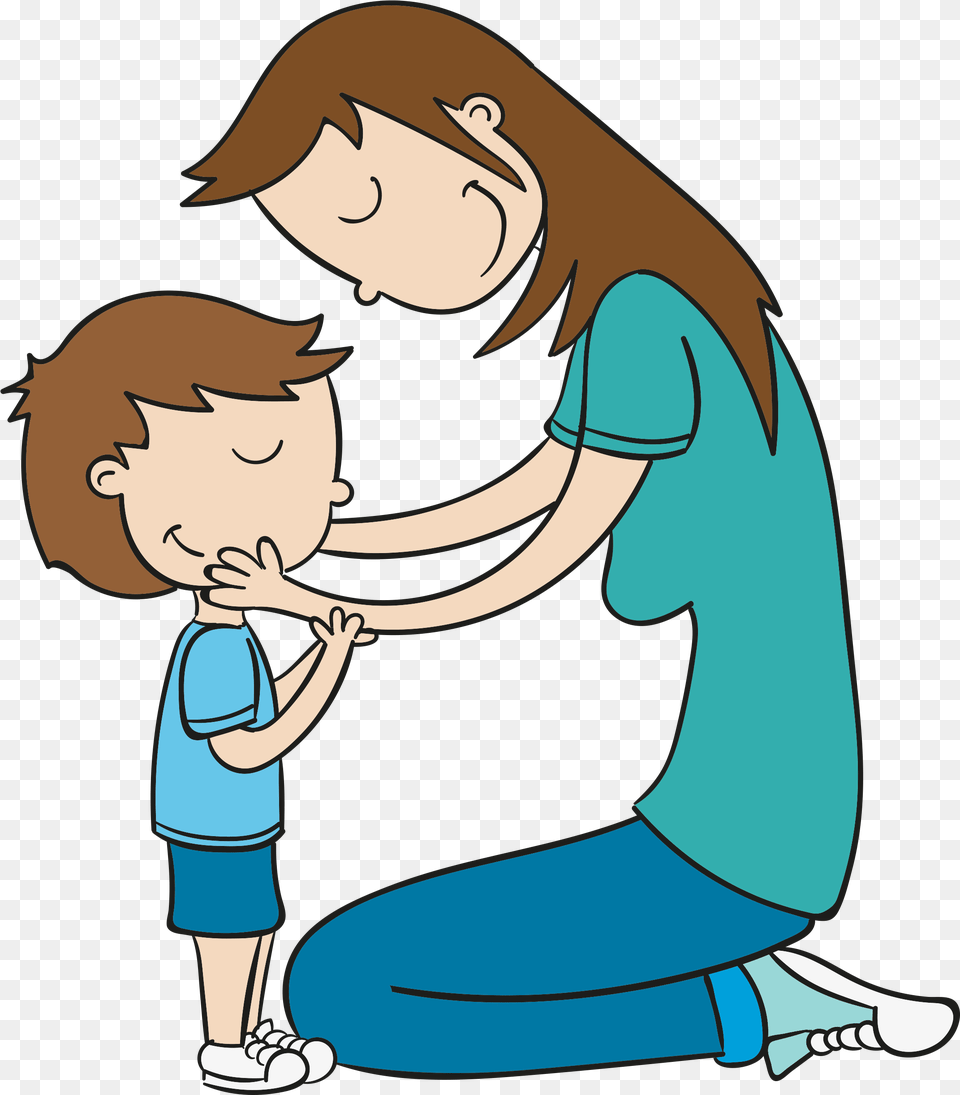 Hand Drawn Cartoon Mother And Child Decoration Vector Mother Cartoon, Person, Kneeling, Adult, Woman Png