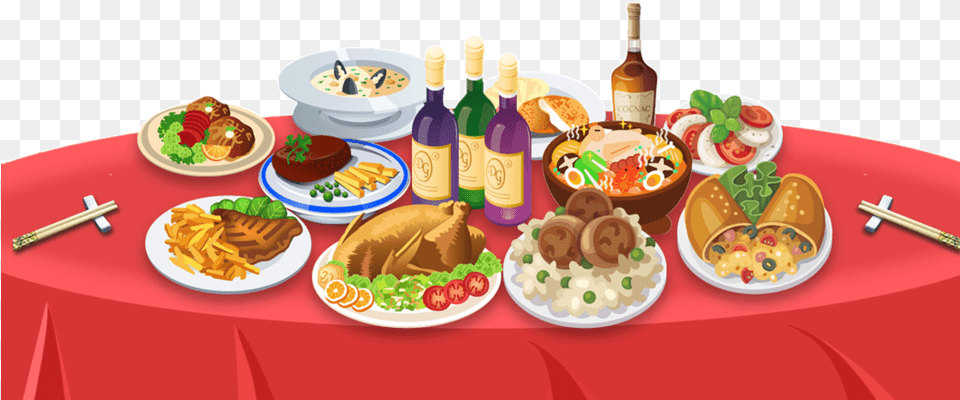Hand Drawn Cartoon New Year S Rice Food Reunion Dinner, Platter, Dish, Lunch, Meal Free Transparent Png