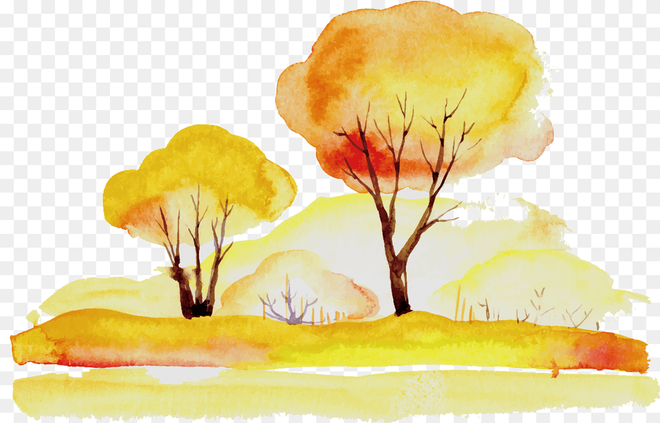 Hand Drawn Cartoon Watercolor Trees Decorative Autumn, Art, Painting, Plant, Tree Png