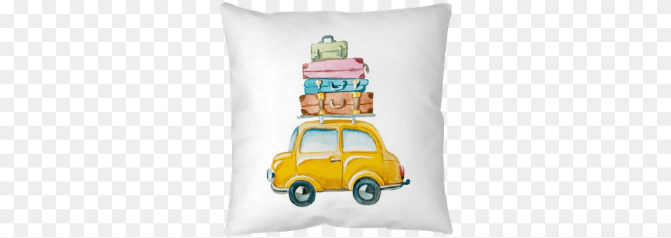 Hand Drawn Yellow Car With Suitcase On The Roof Car Watercolor Clipart, Home Decor, Cushion, Transportation, Vehicle Png Image