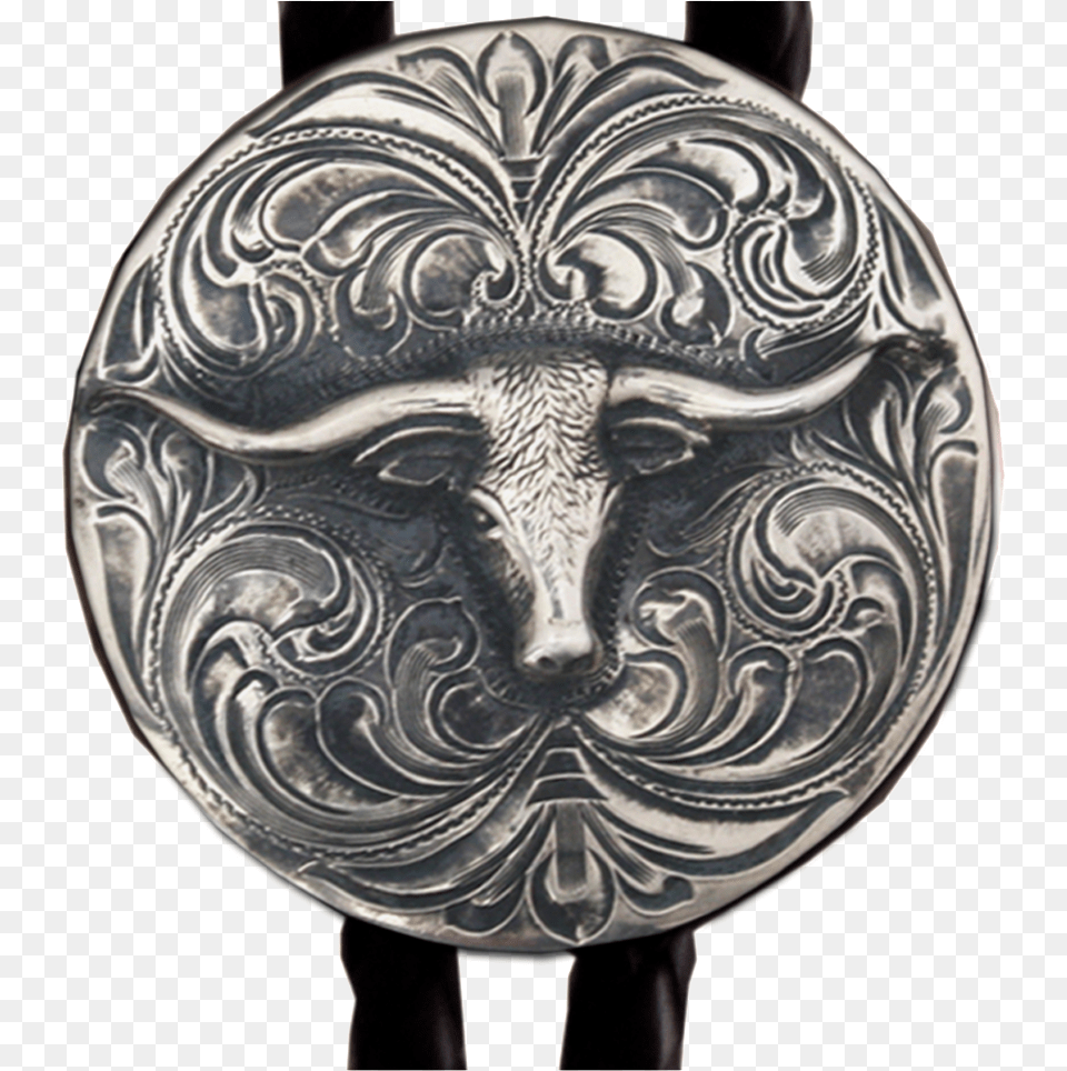 Hand Engraved Sterling Silver Bolo Tie With Longhorn Carving, Armor, Accessories, Shield, Person Png Image