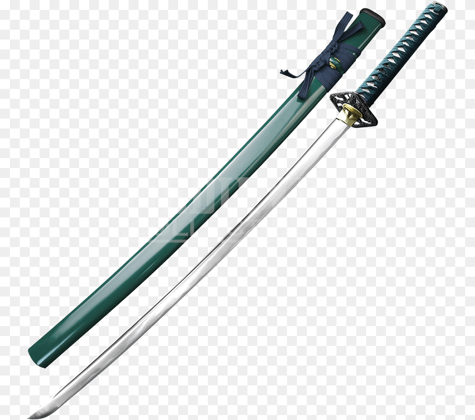 Hand Forged Samurai Sword With Green Scabbard Sword, Weapon, Person, Blade, Dagger Png