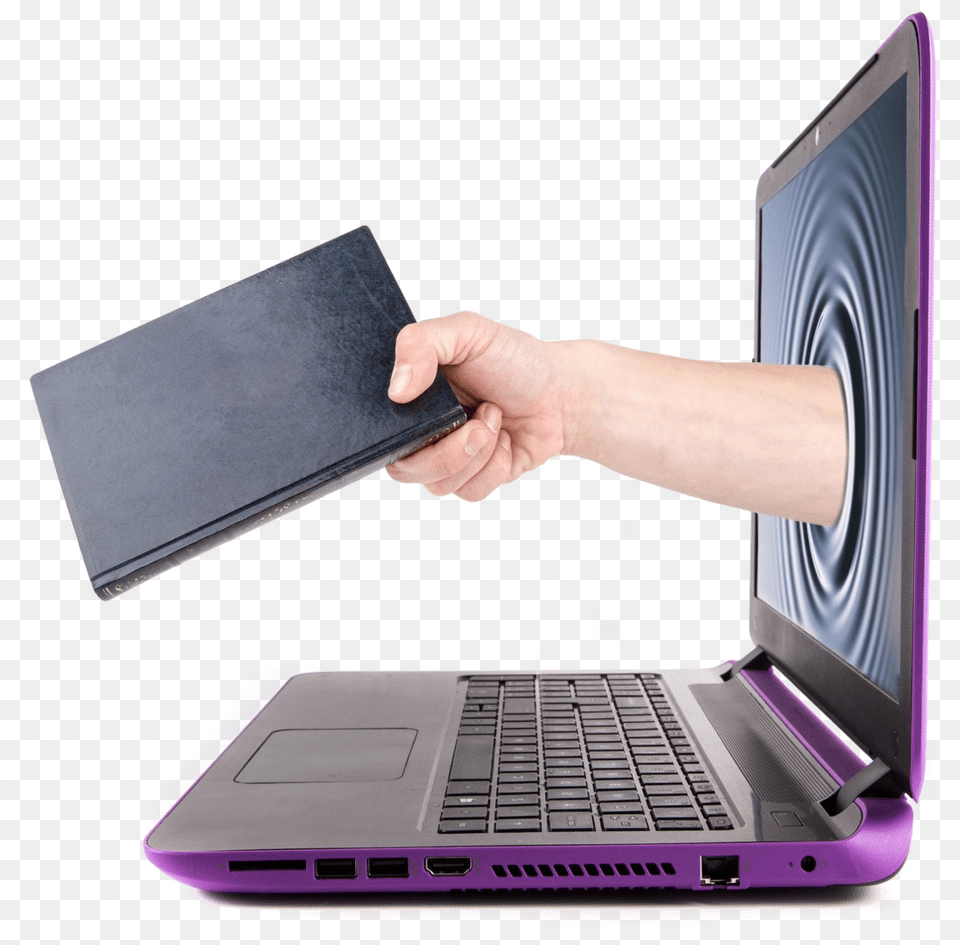 Hand Holding A Book Reaching Out Through A Computer Money, Electronics, Pc, Laptop, Hardware Free Transparent Png