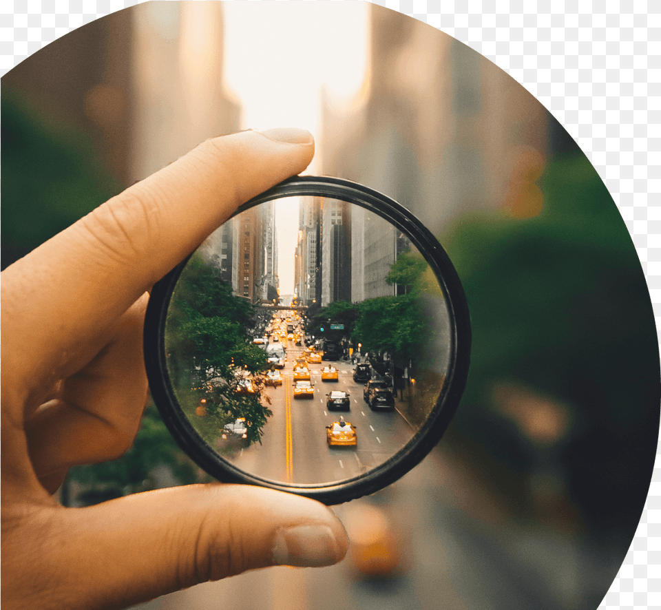 Hand Holding Lens Of New York Road Moving Traffic Reflection, Photography, Body Part, Person, Finger Free Png Download