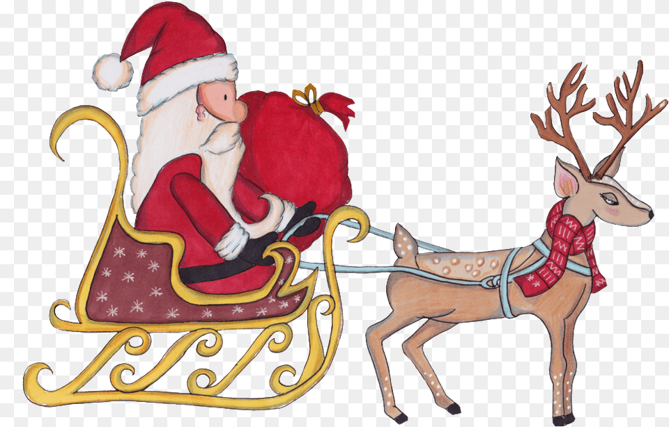 Hand Painted A Sika Deer Pulling Santa Transparent Santa Claus, Animal, Antelope, Mammal, Wildlife Free Png Download