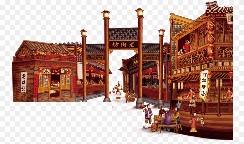 Hand Painted Cartoon Ancient City Decoration Vector 2019, Person, Architecture, Building Png Image