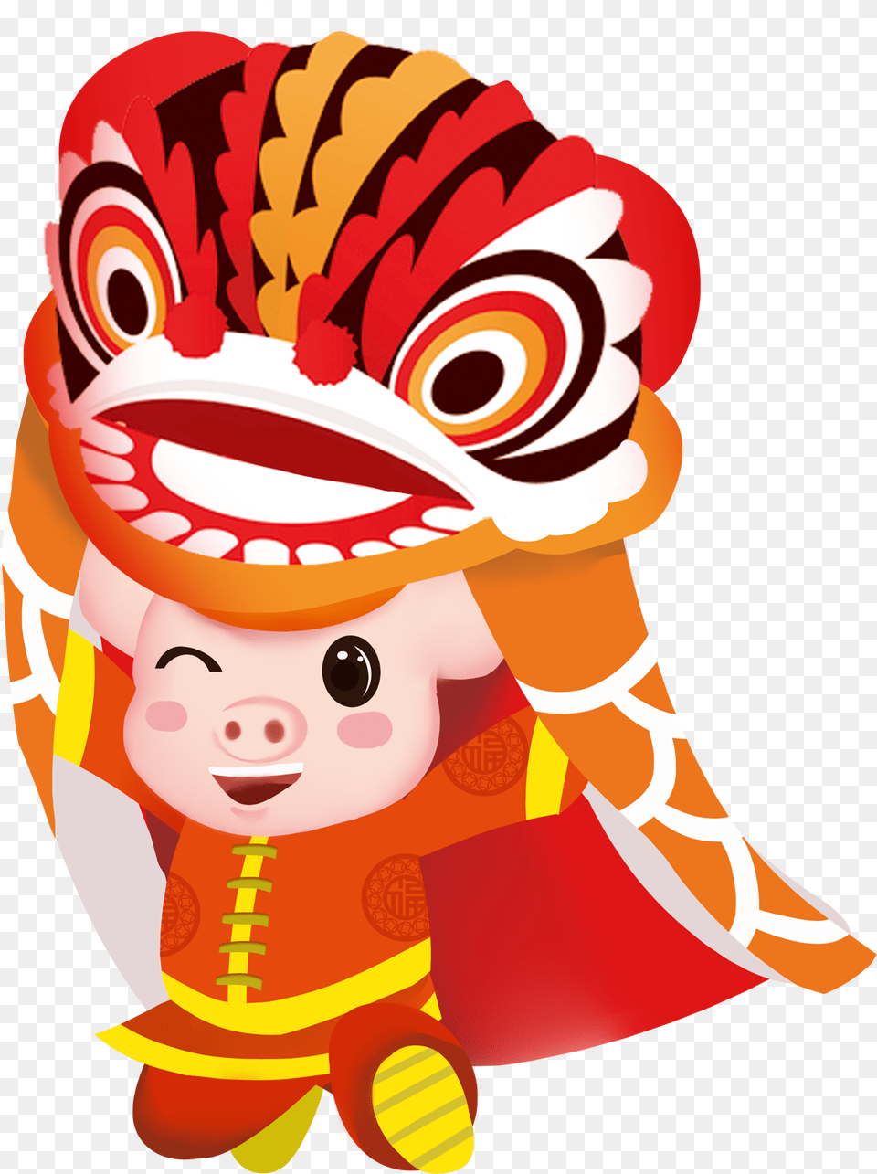Hand Painted Cartoon Gold Pig Lion Dance Decoration Chinese New Year, Baby, Person, Face, Head Free Png