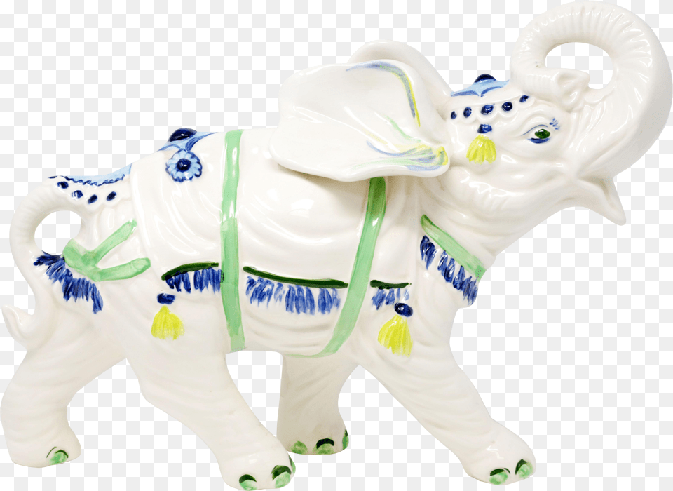 Hand Painted Ceramic Elephant With Raised Trunk On Animal Figure Free Png