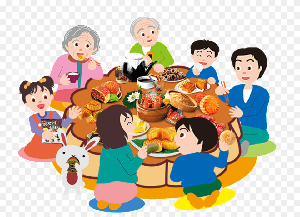 Hand Painted Flat Cartoon Family Reunion Mid Autumn Festival Family Reunion, Food, Lunch, Meal, Person Free Png Download