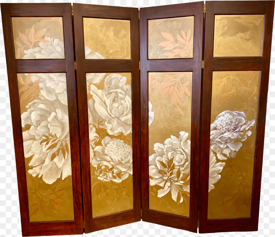 Hand Painted Gold And White Flower Folding Screen Room Divider Cupboard, Page, Text Free Png