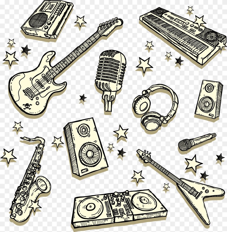 Hand Painted Guitar Sound Keyboard And Other Musical Music, Musical Instrument, Piano, Electrical Device, Microphone Png Image