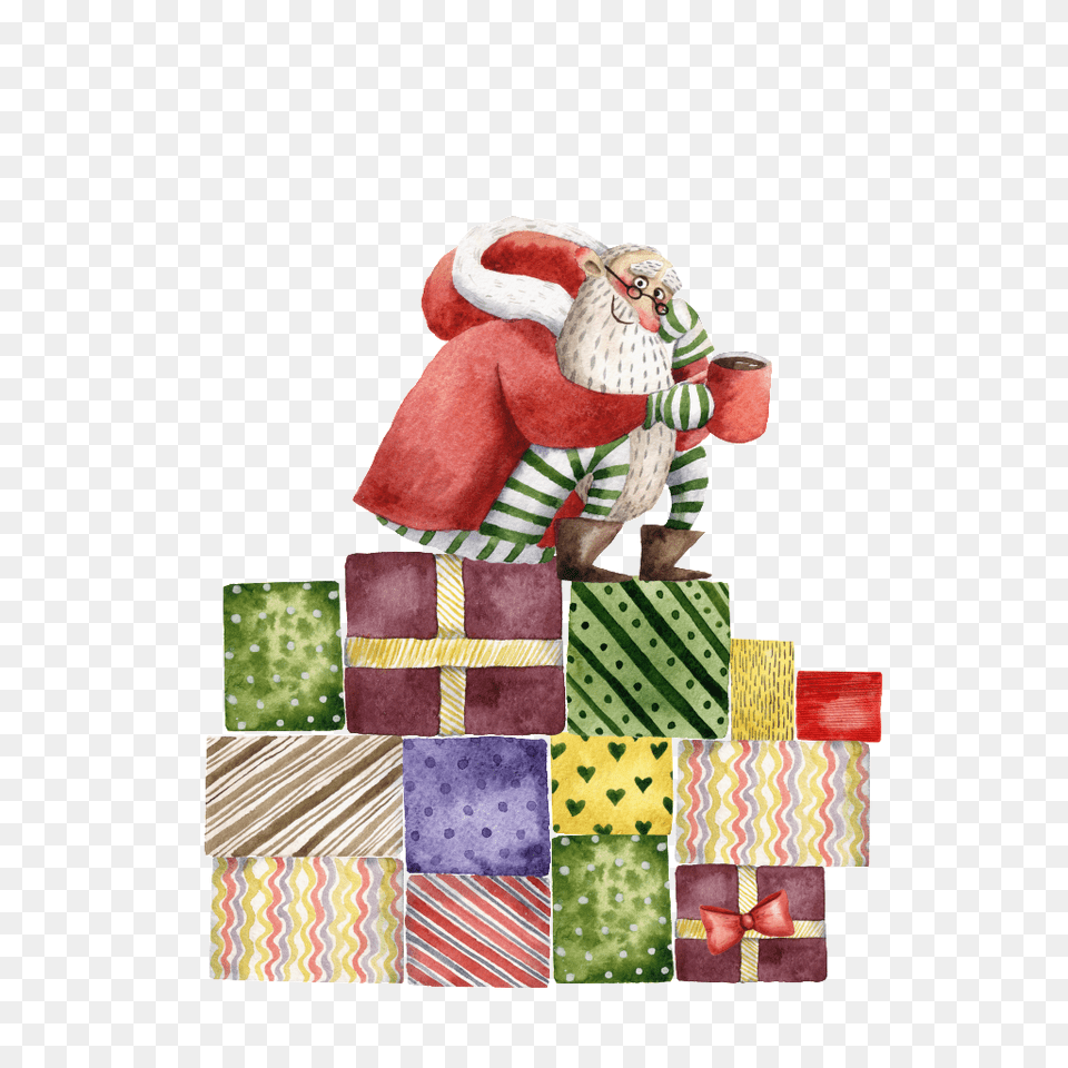 Hand Painted Santa Claus Transparent Ready To Give Gifts, Baby, Person, Patchwork Free Png