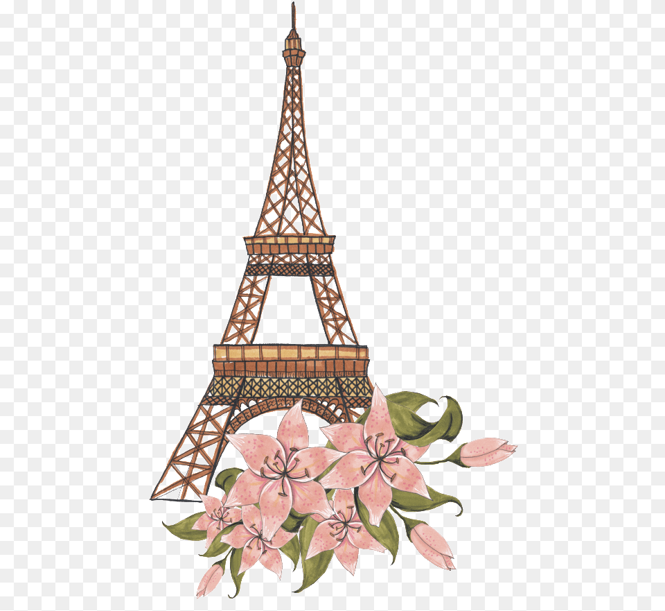Hand Painted Travel Landmark Transparent Oh Turm Des La La Eiffel Mit Blumen Illustration, Chandelier, Lamp, Architecture, Building Png Image