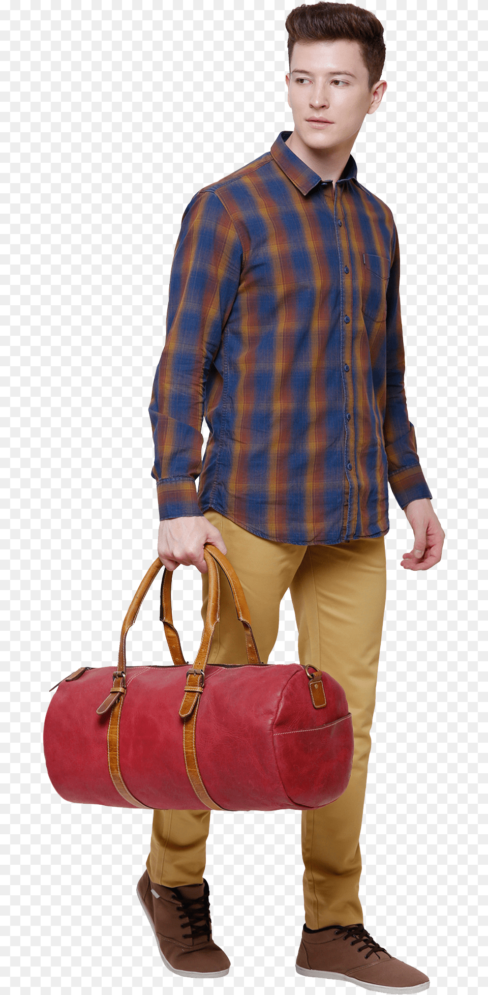 Handcrafted Genuine Leather Duffel Bags Travel Luggage Plaid, Accessories, Shirt, Bag, Clothing Png Image