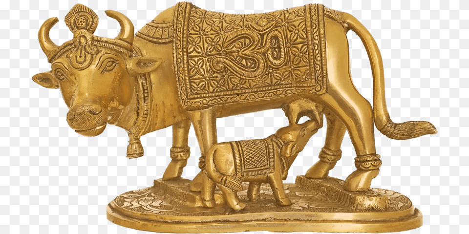 Handcurved Kamadhenu Cow Feeding Calf Brass Statue Statue, Bronze, Treasure, Animal, Bull Png Image