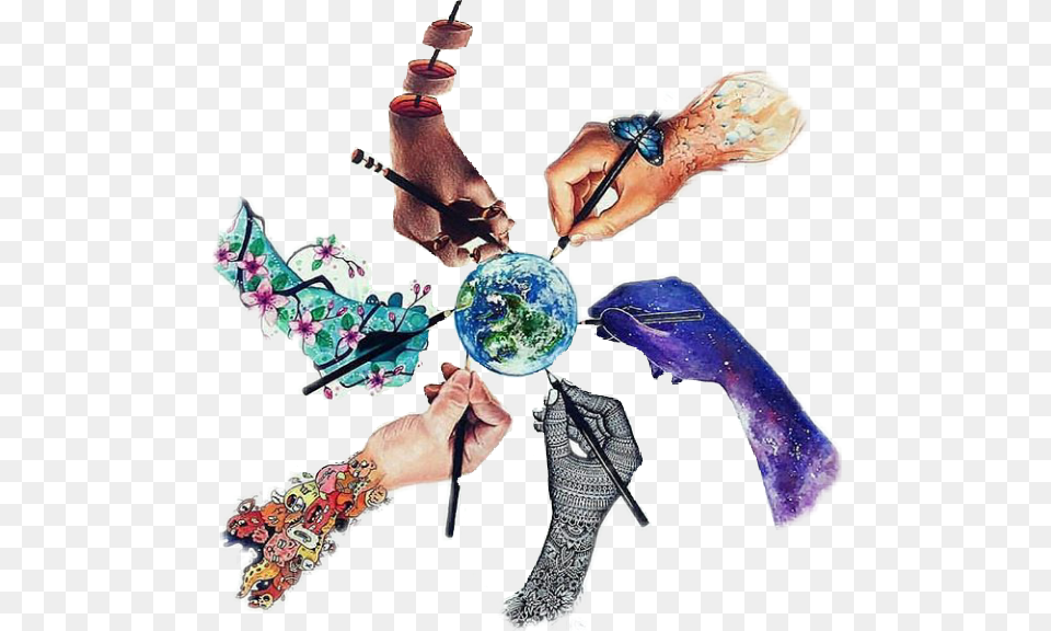 Hands Drawing Peace World Watercolor Hand Art Drawing The World, Astronomy, Outer Space, Accessories, Adult Free Png Download