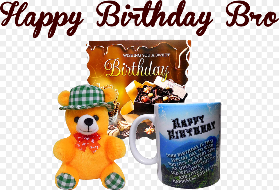 Happy Birthday Bro Photo Poster, Cup, Teddy Bear, Toy, Beverage Png Image